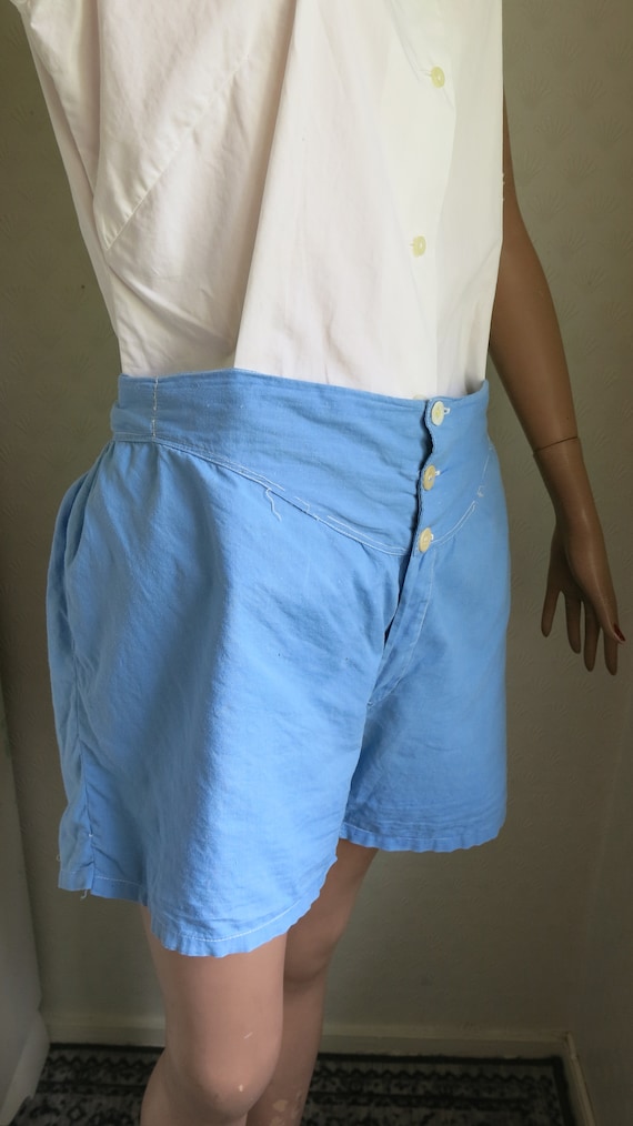 40s 50s Blue Cotton High Waist Button front Short… - image 5