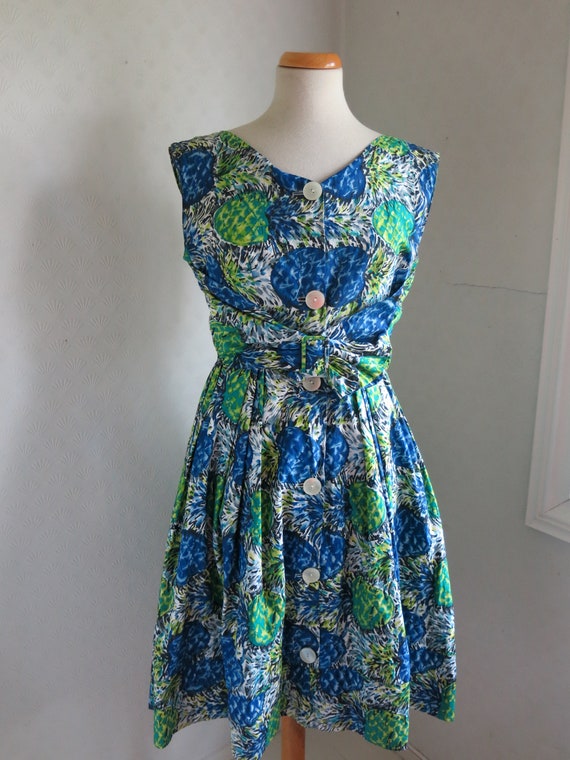 Green Blue Novelty Abstract print 50s Cotton dres… - image 9