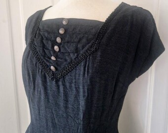 Black Gray 50s Hourglass Buttons Pockets Dress Large
