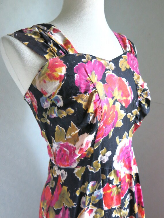30s 40s Black Floral Bustle Detail Maxi Dress Gown