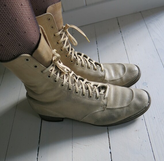 Beige leather 20s 30s 40s Lace up Boots Rare color