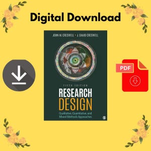 Puede incluir: Un gráfico de descarga digital con el texto "Digital Download" en la parte superior. La imagen presenta una portada de libro titulada "Research Design" con los nombres de los autores y los detalles de la edición. También hay un icono de PDF y una flecha de descarga.