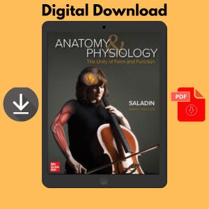 Peut inclure: Téléchargement numérique d'un manuel d'anatomie et de physiologie sur une tablette. La couverture présente une femme jouant du violoncelle avec des illustrations musculaires. Le texte indique "ANATOMY & PHYSIOLOGY" et "SALADIN NINTH EDITION". Une icône PDF est visible.