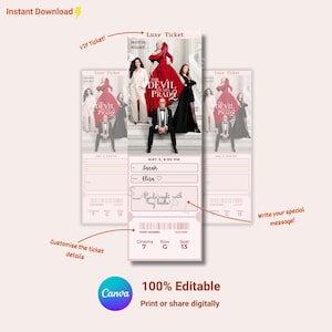 Puede incluir: Diseño de entrada de cine rosa con el texto "The Devil Wears Prada" y las palabras "Luxe Ticket" y "Movie Night". La entrada incluye campos editables para nombres y un mensaje. El diseño es 100% editable.