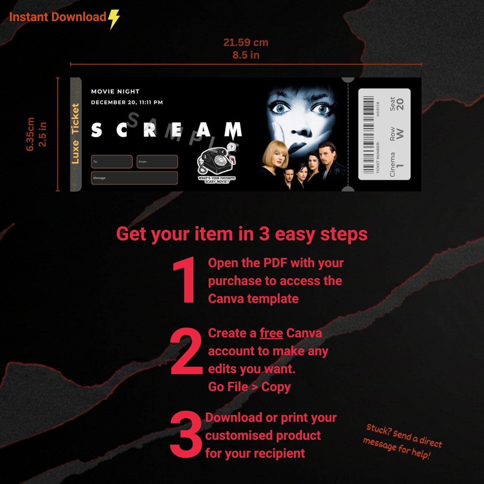 Scream Templates Java Scream (1996) Souvenir Ticket Template | Horror Movie Night Gift ...
