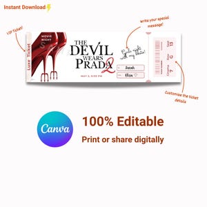 Puede incluir: Un diseño de entrada de cine digital con el texto "THE DEVIL WEARS PRADA" y la fecha 3 de mayo, 18:00. La entrada incluye una sección VIP y un espacio para personalizar los detalles. El diseño es 100% editable.