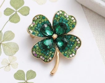 Green Four Leaf Clover Brooch, Emerald Crystal Rhinestone Lucky Charm, Gold Tone Lapel Accessory