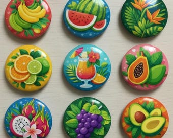 Tropical Fruit & Plant Pin Set – Bold Colorful Lapel Badges with Pineapple, Banana Leaf, Dragonfruit Designs
