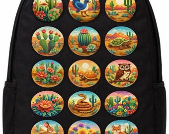 Desert Flora and Fauna Badge Set – Bold Flat Art Cactus, Lizard, Bloom, and Critter Pins Gift Collection