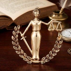 Brosch med Lady Justice, guldfärgad kavajnål med rättvisevåg, accessoar med juridisk symbol