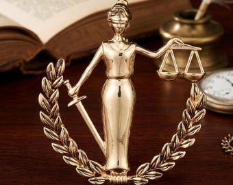 Lady Justice Brooch, Gold-Tone Scales of Justice Lapel Pin, Legal Symbol Accessory