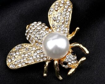 Pearl Bee Brooch Pin, Gold Rhinestone Insect Lapel Accessory