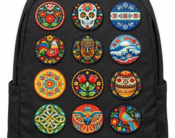 World Folk Art Pin Set – 15 Unique Global Patterns on Bold Round Collectible Badges