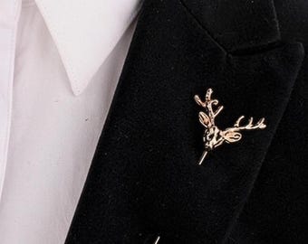 Gold Tone Deer Head Brooch, Minimalist Stainless Steel Lapel Pin, Animal Jewelry Accessory