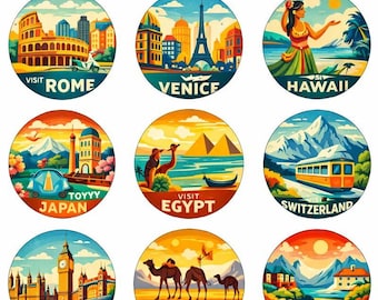 Retro Travel Poster Pin Set – 15 Badge Collection Inspired by Iconic Vintage Destinations