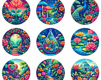 Surreal Botanical Garden Pin Set – Dreamlike Nature Badges with Whimsical Plant Art, 15 Bold Designs, Art Collector Gift-44 mm