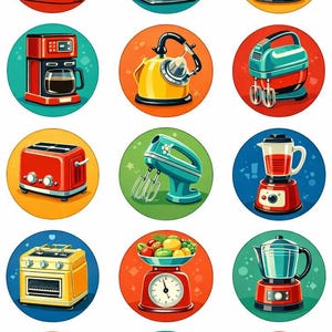 May include: A collection of colorful, illustrated kitchen appliances, including a stand mixer, refrigerator, coffee maker, toaster, blender, and scale. Each appliance is set against a circular background, creating a vibrant and playful design.