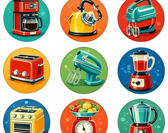 Retro Kitchen Appliance Pin Set – Vintage Mixer, Toaster, & More, 15 Collectible Badge Designs