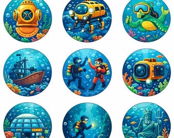 Underwater Exploration Badge Set 15 pieces – Deep Sea Pins with Marine Creatures, Diver Icons & Submarine Art