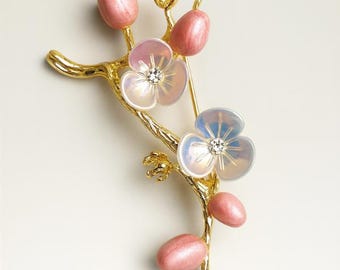 Pearl Blossom Branch Brooch | Elegant Floral Brooch with Stones | Gold Tone Statement Pin | Gift for Her