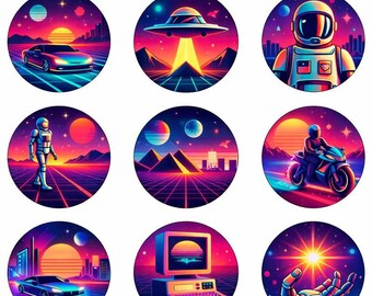 Retro Futurism Pin Set – Vintage Space Badges, Atomic Flair