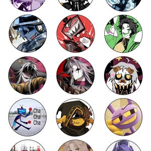 Puede incluir: Una colección de ilustraciones redondas y coloridas de personajes. Cada diseño presenta un personaje único de estilo anime con diversas expresiones y combinaciones de colores, sobre un fondo sólido. Los personajes incluyen una variedad de estilos, desde lindos hasta atrevidos.