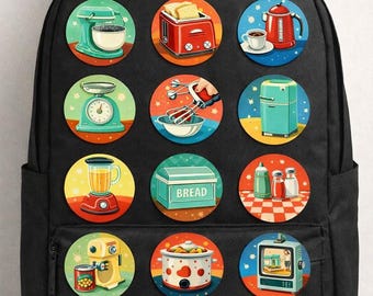 1950s Kitchen Gadgets Pin Set – Retro Mixer, Vintage Toaster, Midcentury Foodie Flair, Iconic Homeware Badges