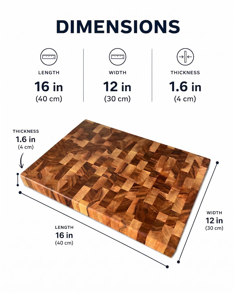 Handmade walnut end grain cutting board on kitchen table, thick butcher block chopping board made from natural walnut wood, premium wooden cutting board for kitchen, durable chef board for cutting meat, vegetables and food preparation