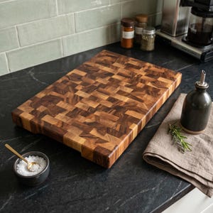 Puede incluir: Una tabla de cortar rectangular de madera de testa construida con pequeños bloques alternos de madera marrón clara y oscura. La tabla presenta un patrón tipo mosaico con variaciones en la veta, mostrando una superficie lisa y pulida con bordes gruesos.