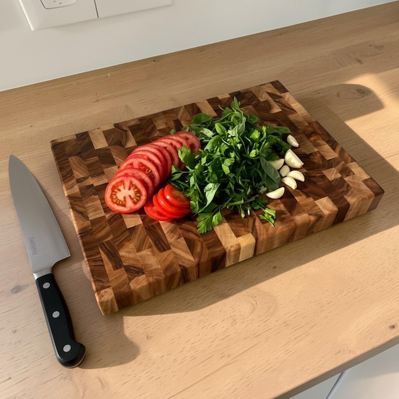 Handmade walnut end grain cutting board on kitchen table, thick butcher block chopping board made from natural walnut wood, premium wooden cutting board for kitchen, durable chef board for cutting meat, vegetables and food preparation
