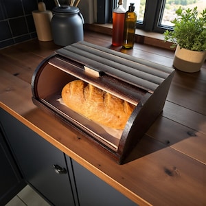 Large Wooden Bread Bin with Roll Top Lid – Solid Beech Wood Kitchen Counter Bread Storage