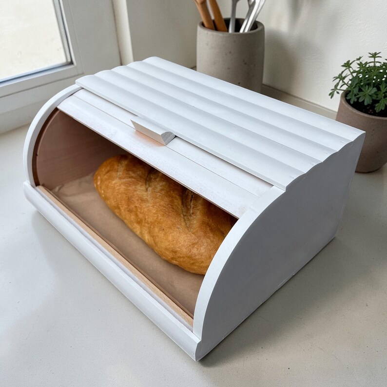 White Wooden Bread Box With Roll Top Lid – Kitchen Countertop Bread ...