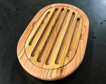 Handmade Oak Bread Cutting Board with Crumb Tray, Wooden Bread Slicing Board, Rustic Kitchen Gift for Home Bakers