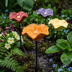 Ceramic Flower Bee Waterer, Insect Drinking Cup, Rain Catcher Garden Stake, Colorful Yard Art