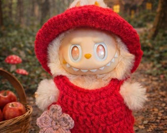 Crochet Labubu Outfit: Handmade Red Overall, Bucket Hat (17cm Doll)