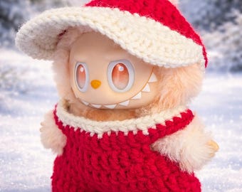 Crochet Labubu Outfits: Baseball Cap and Overall, Classic Winter Red and White