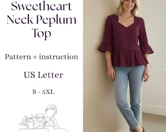 Sweetheart Neck Schößchen Top Schnittmuster | Rüschenärmel-Bluse (Digitaler Download)