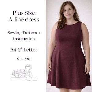 Puede incluir: Vestido burdeos de línea A. El vestido sin mangas tiene un corpiño ajustado y una falda acampanada. La imagen incluye el texto "Plus Size A-line dress" y "Sewing Pattern + instruction". Tallas: XL a 5XL. El patrón es A4 y Letter.