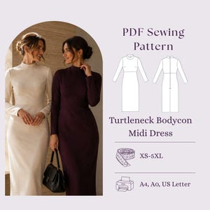 Turtleneck Bodycon Midi Dress Sewing Pattern PDF, Long Sleeve Fitted Dress DIY