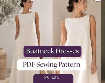 Schnittmuster-Set für Leinenkleid mit U-Boot-Ausschnitt (2 in 1), ärmelloses Maxikleid und Minikleid (PDF)