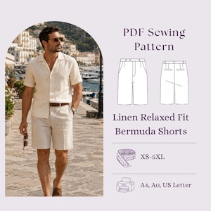 Linen Relaxed Fit Bermuda Shorts PDF Sewing Pattern Mens Plus Size XS-3XL
