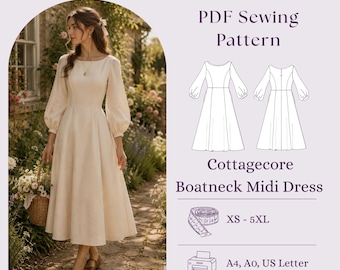 Cottagecore Midikleid mit U-Boot-Ausschnitt, PDF-Schnittmuster, Bischofsärmel, Übergröße