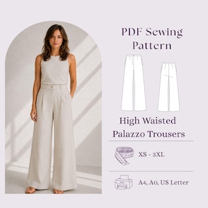 Pode incluir: Um molde de costura em PDF para calças palazzo de cintura alta, com um desenho linear das calças, um ícone de fita métrica e um ícone de impressora. O texto diz PDF Sewing Pattern, High Waisted Palazzo Trousers, XS - 3XL, A4, A0, US Letter.