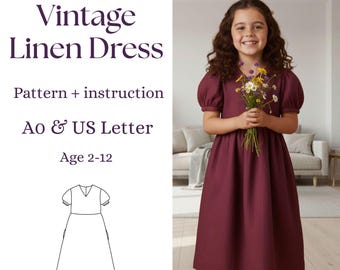 Girls Vintage Linen Dress PDF Pattern, Puff Sleeve Empire Waist Dress 2-12Y