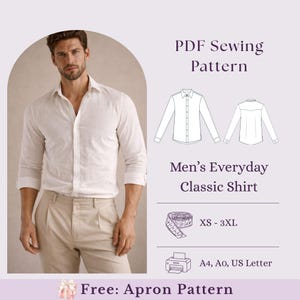 May include: A PDF sewing pattern for an everyday classic shirt, featuring a white long-sleeve button-down shirt, technical line drawings of the front and back, a measuring tape icon, size range XS-3XL, and printer paper formats A4, A0, and US Letter.
