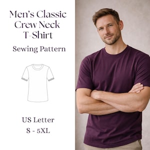 Könnte beinhalten: Ein pflaumenfarbenes T-Shirt mit Rundhalsausschnitt. Das Bild enthält ein Schnittmuster für ein klassisches T-Shirt mit Rundhalsausschnitt, mit dem Text "Men's Classic Crew Neck T-Shirt Sewing Pattern". Größen von S bis 5XL.