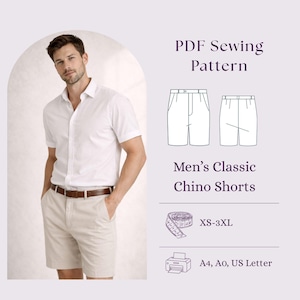 May include: A PDF sewing pattern for classic chino shorts, featuring a white short-sleeved button-down shirt and beige shorts with a brown leather belt. The text reads PDF Sewing Pattern, Men's Classic Chino Shorts, XS-3XL, and A4, A0, US Letter.