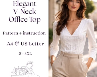 Elegantes Büro Top mit V-Ausschnitt Schnittmuster | Minimalistische Bluse mit Puffärmeln (Digitaler Download)