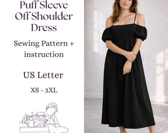 Cartamodello per abito con spalle scoperte e maniche a sbuffo, modello romantico midi maxi in maglia (download digitale)