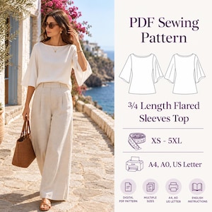 Boat Neck Flared Sleeve Top Sewing Pattern | Relaxed Knit Silhouette (PDF)